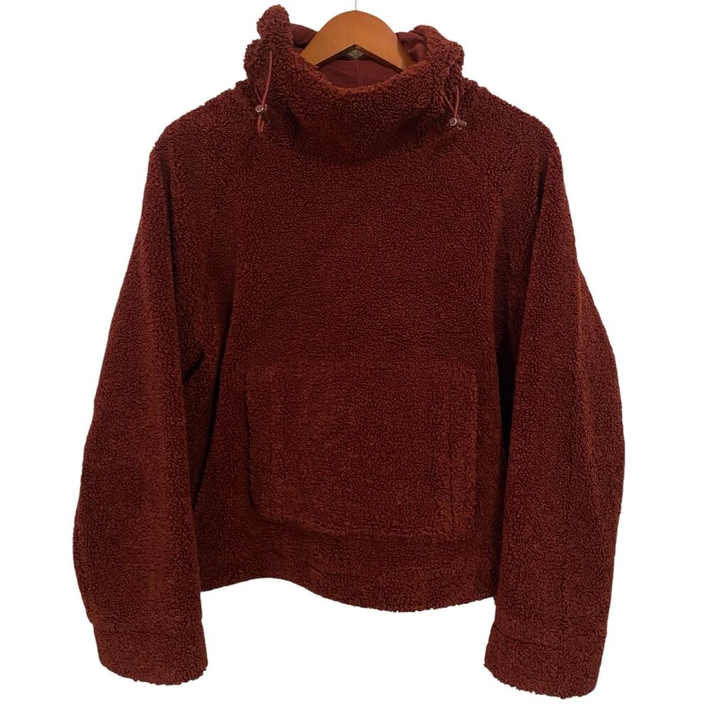 Vince Cozy Pullover Hoodie Small Red Maroon Faux Sherpa Teddy Cropped Sweatshirt - Picture 4 of 16